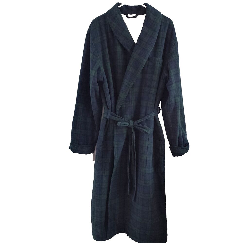 L.L. Bean Mens Robe L Tall Green Scotch Plaid Flannel Lined Black Watch *Sm Flaw